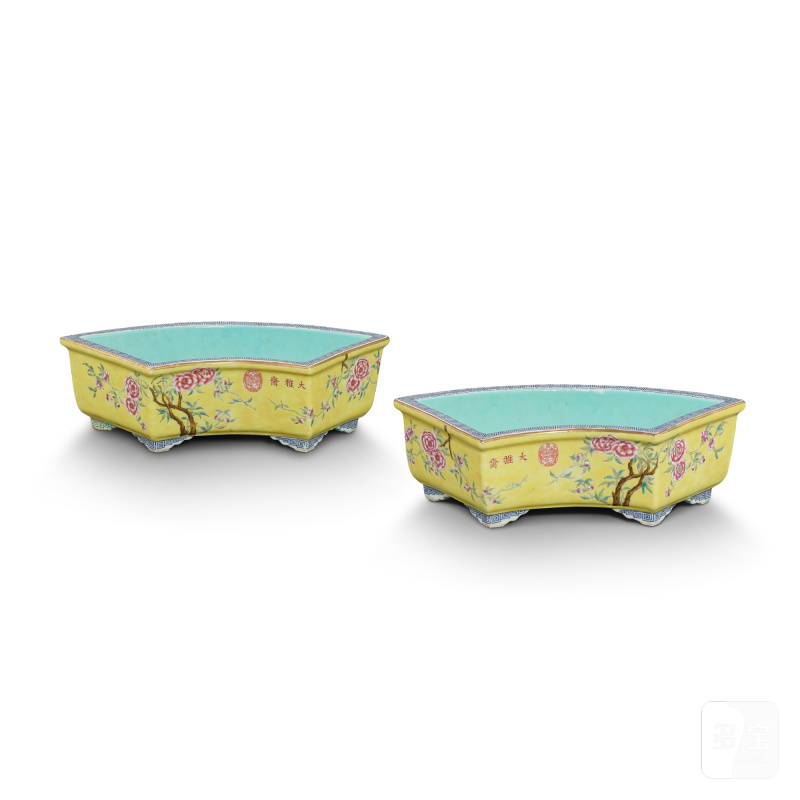 A pair of yellow-ground famille-rose 'Dayazhai' narcissus trays, Qing dynasty, Guangxu period | 清光緒 黃地粉彩花卉紋扇形水仙花盆一對 《大雅齋》《天地一家春》《永慶長春》款
